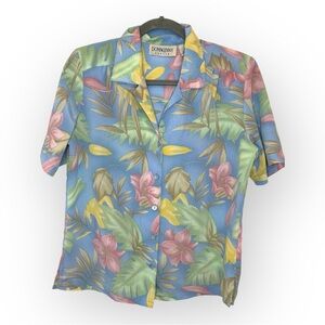 Vintage 90s Donkenny Blue Pink Hawaiian Floral Shirt Tropical Vacation Resort S